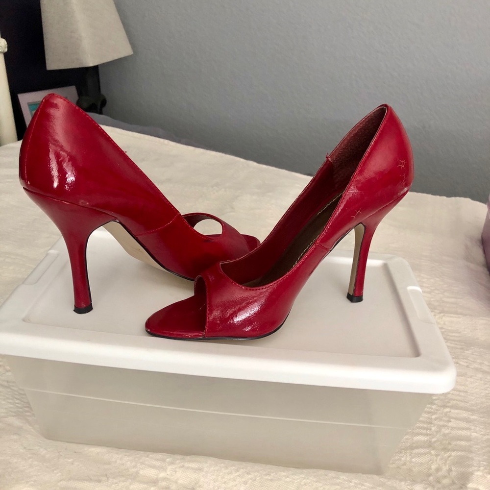Red open toe pumps